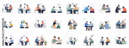 Mental health counseling session flat illustration set. Professional support, empathy, stress relief, and therapy for patients dealing with depression and anxiety.