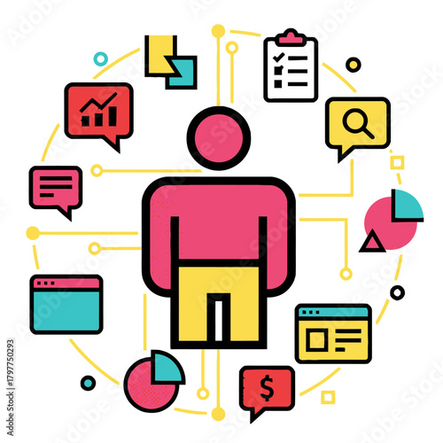 Autonomous business assistant AI helping with data management, reporting, and task automation. Vector illustration of an intelligent agent and digital workflow system
