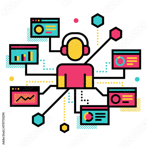 AI co-pilot enterprise assistant providing data analysis and support to a business user. Vector illustration of a networked technology system and intelligent productivity tool