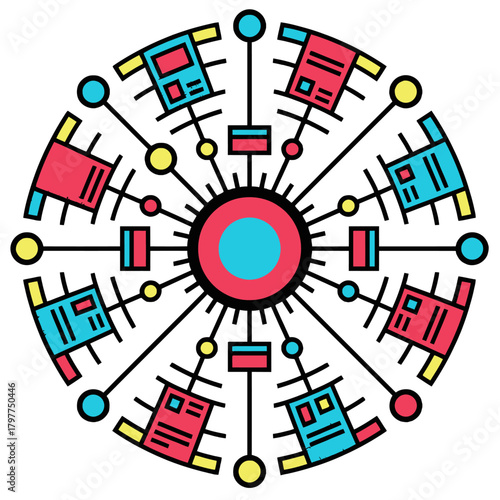 AI agents coordination and synchronized data exchange network. Abstract vector illustration of a central computing system, communication flow, and teamwork technology
