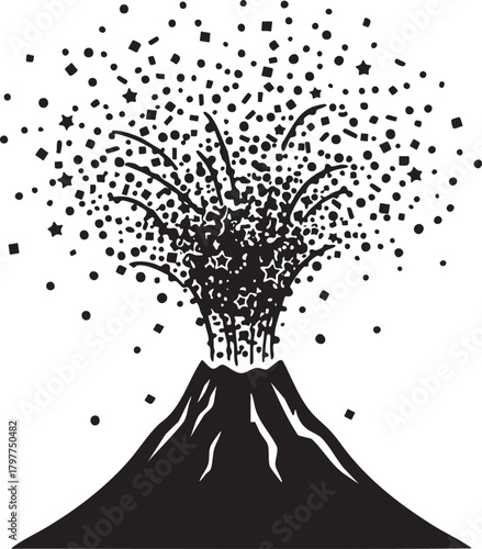 Isolated a kind of volcano erupting with stars or particles vector silhouette depicting natural disasters cosmic events and dynamic explosive forces