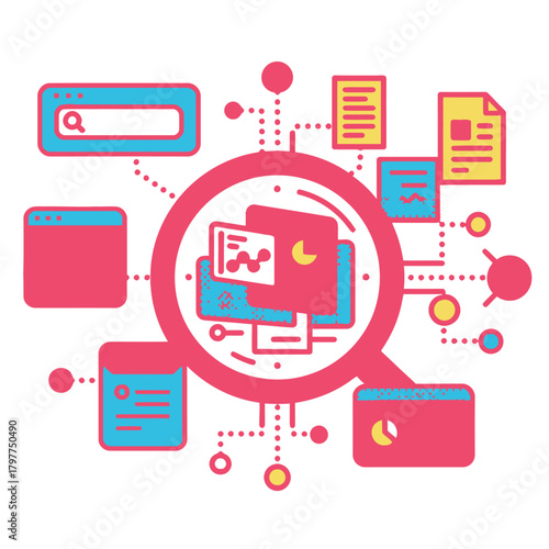 Autonomous research agent analyzing documents, data, and web content. Vector illustration of AI-driven information search, processing, and knowledge discovery