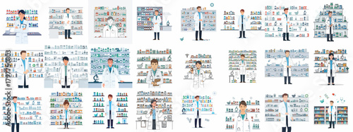 Set of professional pharmacist illustrations, male and female, standing in modern pharmacies with shelves of medication and medical supplies, emphasizing healthcare and service.