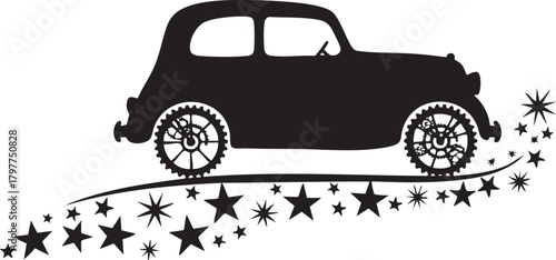 Isolated a kind of vintage car trailing stars vector silhouette capturing retro speed adventure journeys and nostalgic automotive travel themes