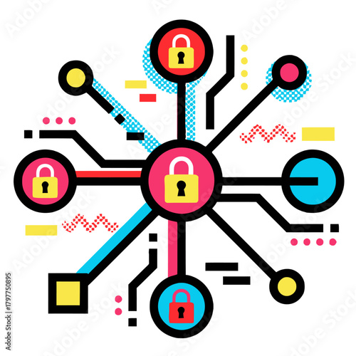 Quantum secure communication network and data security concept. Abstract vector illustration of interconnected locks and futuristic computing circuits for cybersecurity and encryption