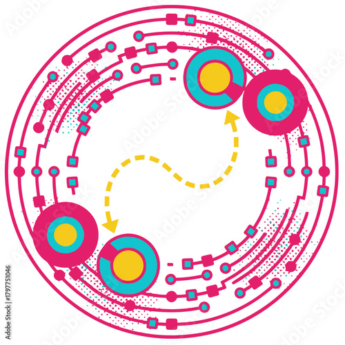 Quantum teleportation concept with entangled particles on a futuristic circular circuit board. Vector illustration for advanced physics and computing technology