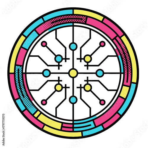 Trapped ion quantum circuit diagram. Abstract vector illustration of a circular electronic system, computing core, and futuristic technology network