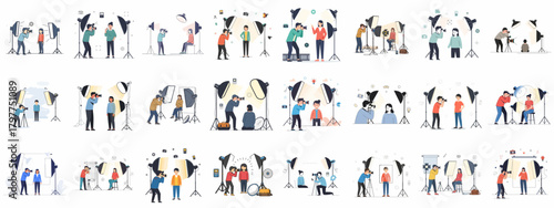 Professional Photography Studio Session Vector Illustration Set. Photographers working with models using softboxes and lighting equipment.