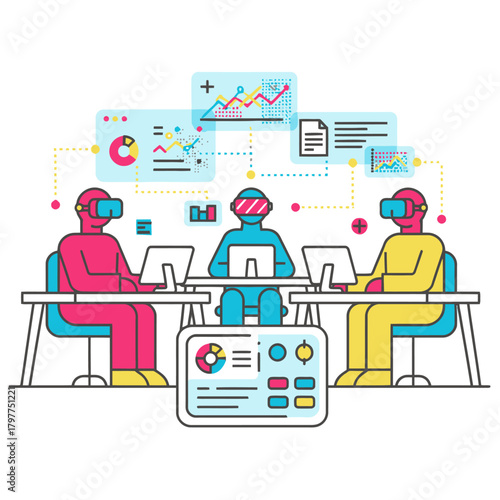 Metaverse Office Workspace Vector Illustration. Virtual Reality Business Meeting, Remote Teamwork, or Future Digital Workplace Concept