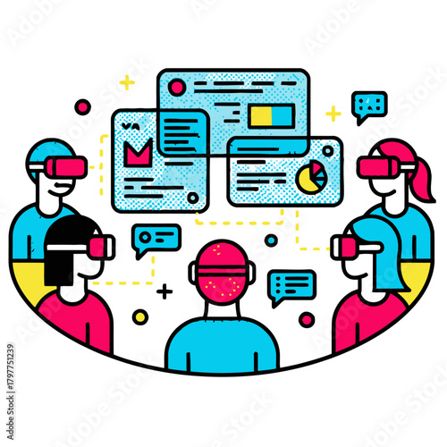 VR Learning Environment Vector Illustration. Virtual Reality Education, Remote Training, or Collaborative Online Study Concept