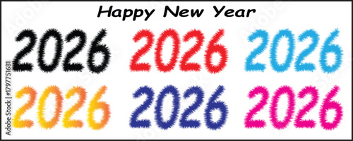 Six variations of the number 2026 featuring a fuzzy, colorful, and unique furry texture, perfect for holiday greeting cards and winter decorations.