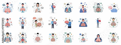 Bundle of neurobiology and psychology illustrations featuring doctors and people holding brains, symbolizing research, cognitive functions, and mental health.