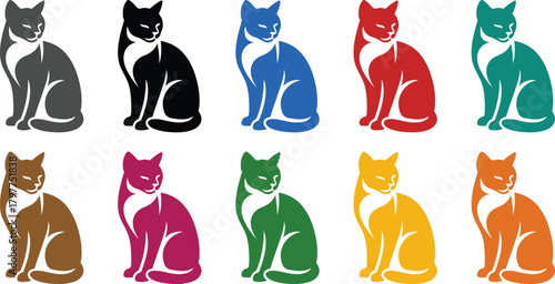 Seated cat icons in different hues kitten, Multicolor cat icon design for pets artwork
