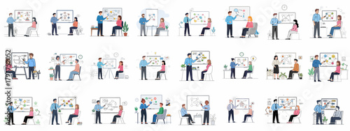 Psychological counseling and therapy session illustrations showing professionals explaining behavior, thought patterns, and coping mechanisms to clients using diagrams and flowcharts.