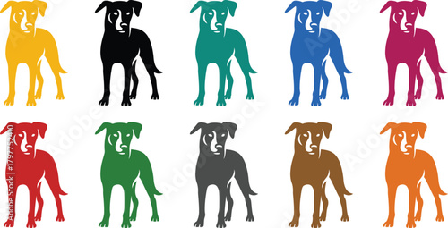 Standing dog silhouettes in multiple colors, Multicolor dog standing animal vector design
