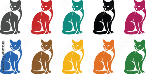Sitting cat silhouettes in various colors, Multicolor cat sitting graphic illustration