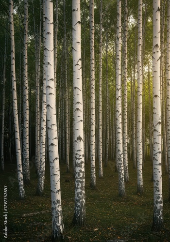 Slender white birch trees standing closely together in a quiet forest grove, symbolizing youthful growth and natural vulnerability, quiet, shadow, slender