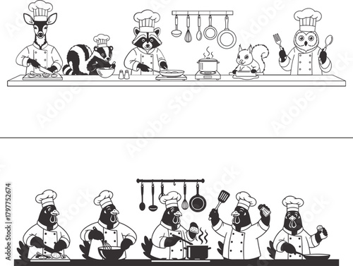 Funny cartoon animal chefs cooking illustration with raccoon deer owl and fox in kitchen, black and white vector art of wild animals preparing food for restaurant menu concept culinary design and humo