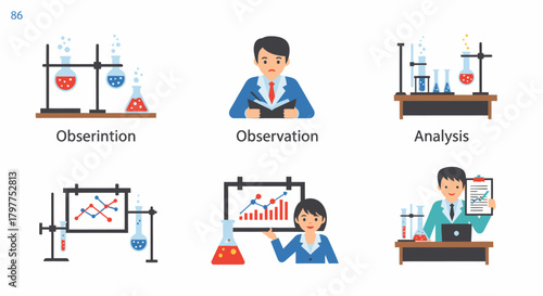 Six illustrations depicting scientific observation, analysis, and research, featuring scientists, lab equipment, and data charts.