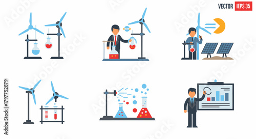A set of illustrations depicting renewable energy research, featuring wind turbines, solar panels, lab equipment, and a presentation.
