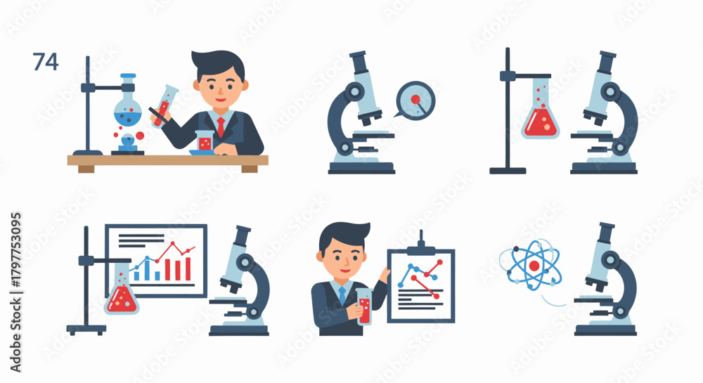 Fototapeta premium A collection of illustrations showcasing a scientist performing laboratory experiments with microscopes and charts.
