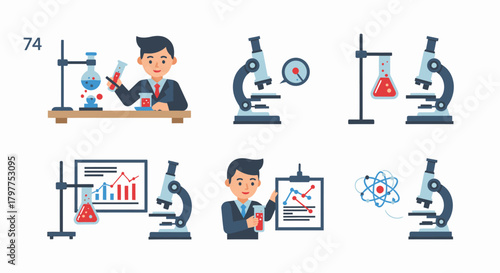 Wallpaper Mural A collection of illustrations showcasing a scientist performing laboratory experiments with microscopes and charts. Torontodigital.ca