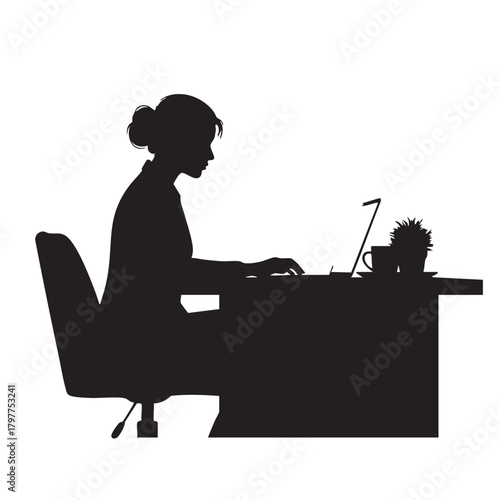 Woman Working at Desk with Laptop Computer Coffee Cup Potted Plant Office Chair Business Professional Hair Bun Hairstyle