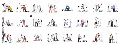 Professional Photography Studio Concept Set: Male photographers adjusting cameras on tripods, using softboxes, reflectors, and light gear in flat vector illustrations.