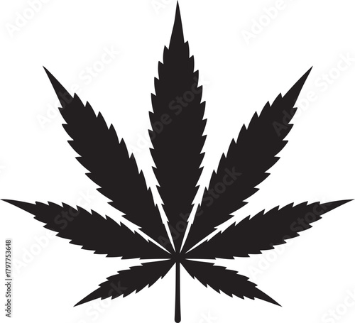 Black silhouette of a cannabis leaf with serrated edges on a white background