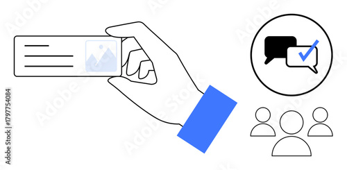 Hand holding ID card, message bubbles with check, and three user icons. Ideal for identity verification, communication, user management, networking, collaboration, approval processes business roles