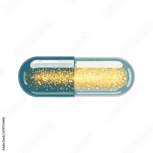 Minimalist flat vector translucent attention drink capsule filled with glowing micro particles in a futuristic smooth container shape on a clean white background