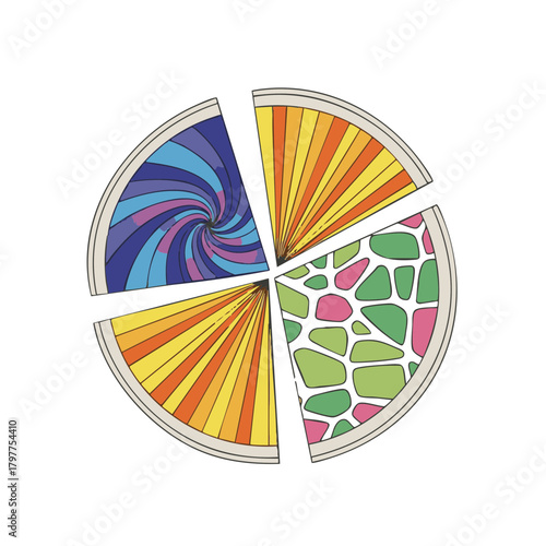 Futuristic minimalist creativity fruit in flat vector style, divided into asymmetric geometric slices with expressive internal patterns symbolizing imagination, inspiration and cognitive innovation 