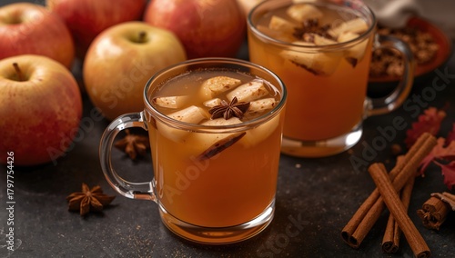 Homemade apple punch featuring fresh apples, cinnamon, and spices in cups against a dark backdrop, a fiber-dense choice