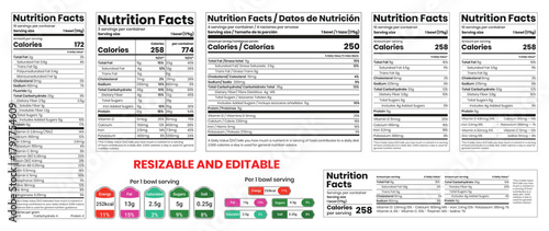 Nutrition Facts, Supplement & Vitamin Facts label template with a clean, flat layout, daily values, a nutrient table, and ingredient data for calories, fat, and sugar, in a modern package design.