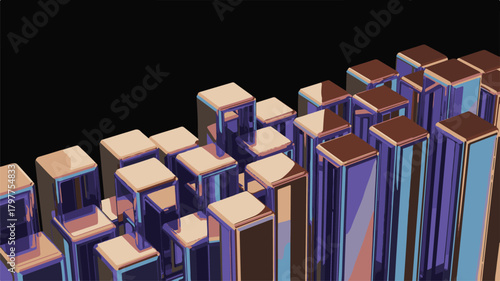 Stack of colorful 3D books on black background with geometric cube design