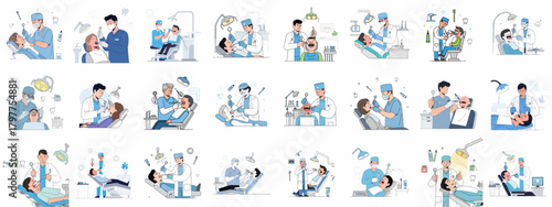 Comprehensive vector illustration set of dentists treating patients, performing check-ups, and emphasizing professional oral hygiene and dental care in a clinic.