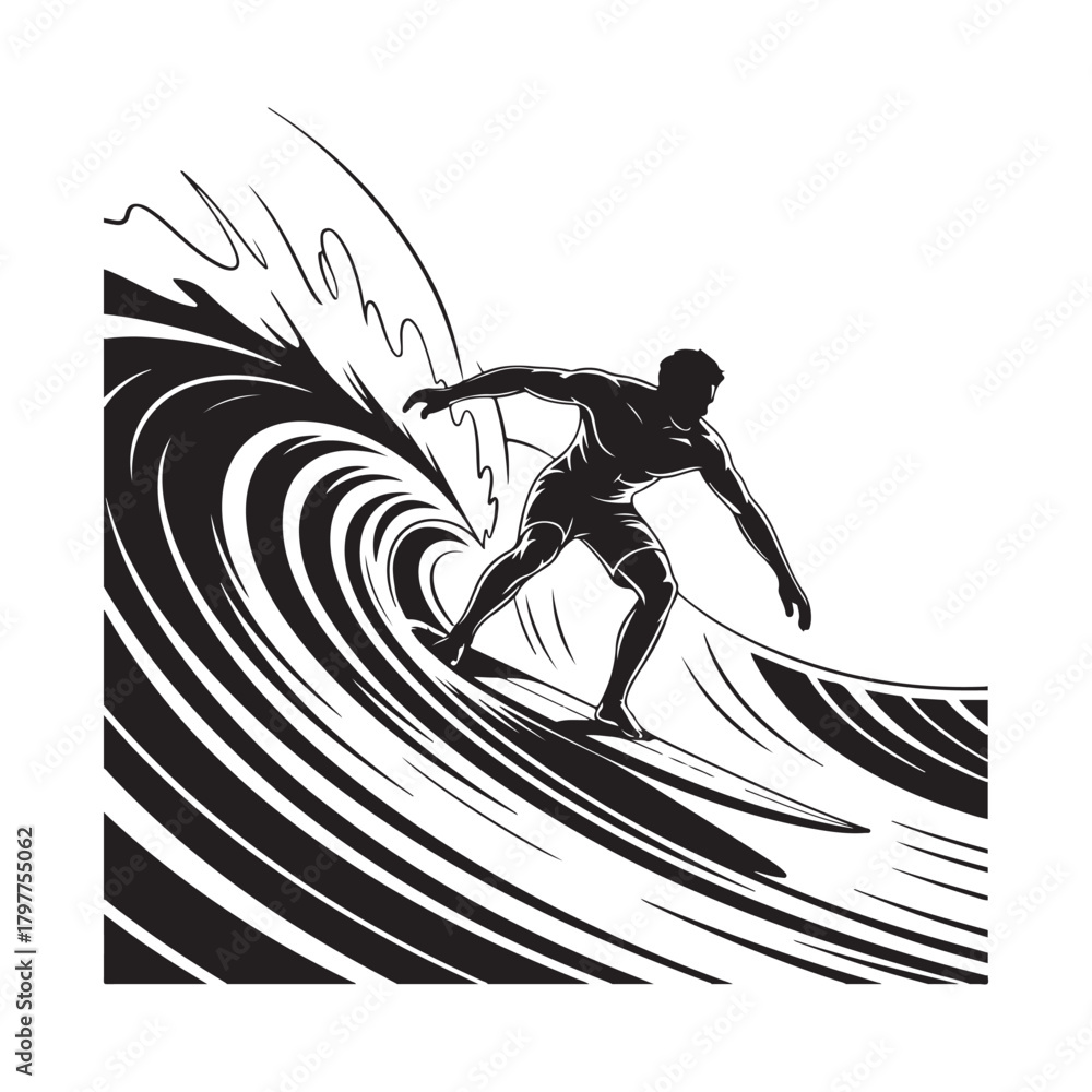 Fototapeta premium Surfer Riding Wave Vector Silhouette Icon Graphic