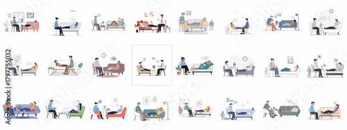 Set of illustrations showing diverse psychotherapy sessions, depicting patients talking to psychologists about mental health, stress, and emotional problems.