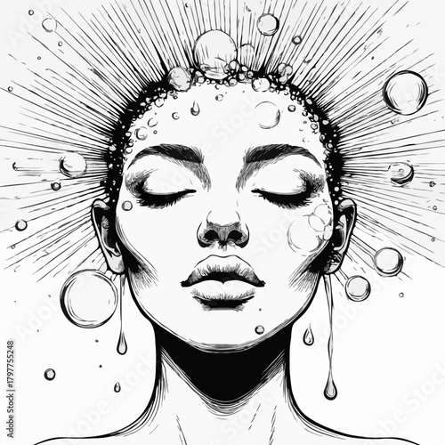Intricate black and white ink drawing of a serene woman's face with closed eyes, surrounded by water droplets, bubbles, and radiating lines, evoking purity, relaxation, and spa-like tranquility.