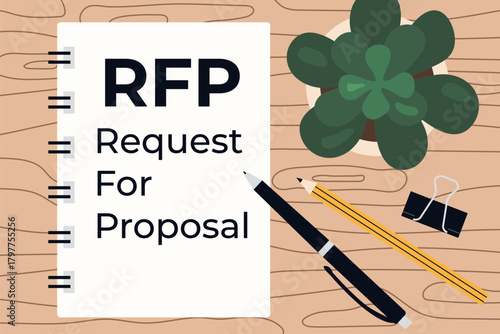 RFP Request For Proposal written in a spiral notebook on a wooden desk; ideal for business, office, tender, and contract-related designs- vector illustration