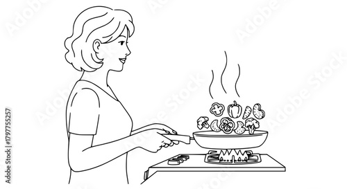 Vector of a woman cooking vegetables in a pan, simple line art, clean outlines, isolated on white background