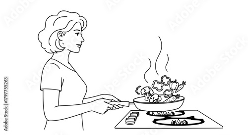 Vector of a woman cooking vegetables in a pan, simple line art, clean outlines, isolated on white background