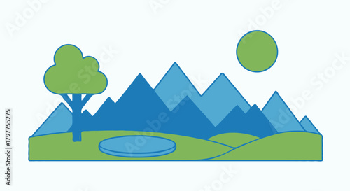 Flat design landscape with green hills, blue mountains, a single tree, a pond, and a yellow sun against a white background. Minimalist, serene nature scene ideal for eco-concepts, travel.