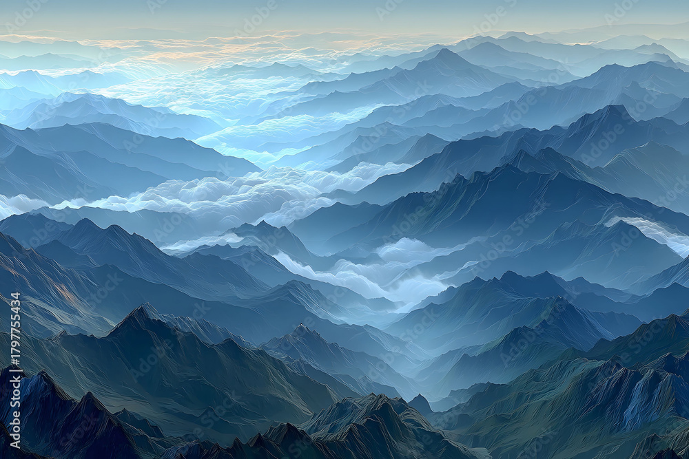 Obraz premium Tranquil Mountain Landscape with Misty Valleys and Rolling Hills at Dawn