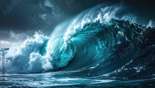 Fototapeta Naklejka Na Ścianę i Meble -  Powerful Ocean Wave Crashing With Intense Blue Water Under Dark Stormy Sky