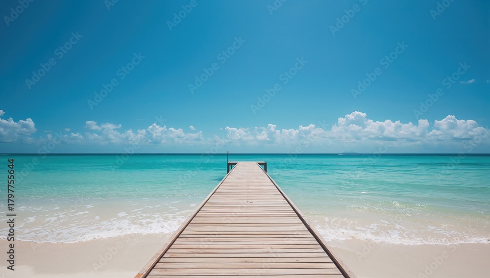 Fototapeta premium Wooden pier extending over the sea under a clear blue sky, ideal backdrop for relaxation and summer activities