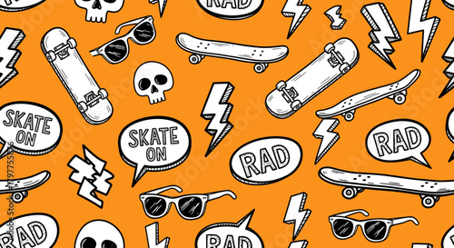 Hand-drawn seamless pattern with skateboarding elements like skateboards, skulls, and sunglasses on an orange background.