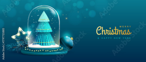 Merry Christmas and Happy New Year banner with 3d glass ball, Christmas tree, bauble and branch on blue background. Vector illustration