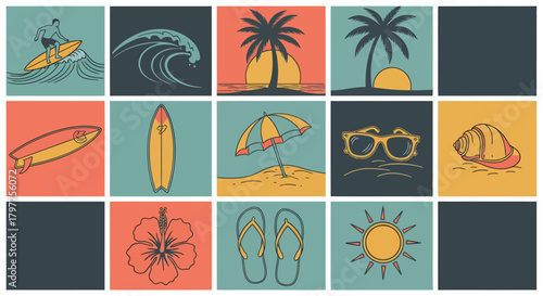 A vibrant collection of summer-themed illustrations, featuring surfing, waves, palm trees, beach umbrellas, sunglasses, flip-flops, and a hibiscus flower.
