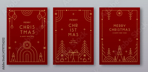 Set of modern Christmas frames or holiday greeting cards on red background. Line art vector illustration